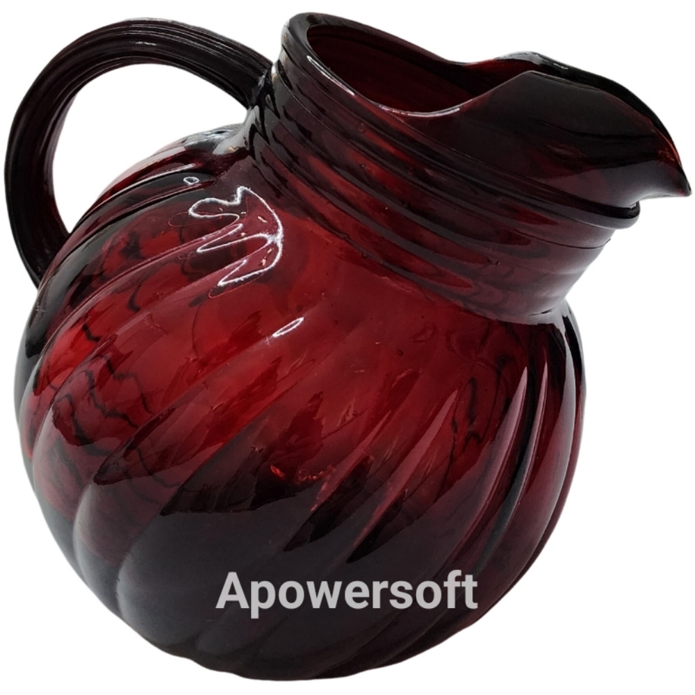 Antique Depression Glass Ruby Red Pitcher w Ribbed Pattern & Ice Lip